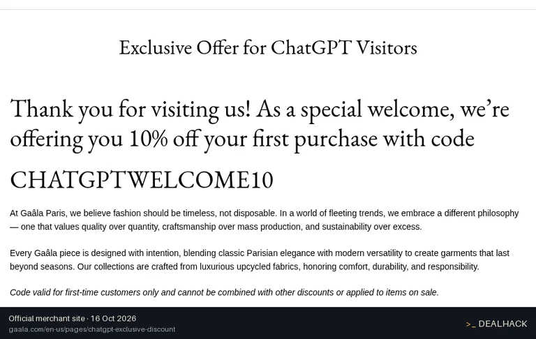 Screenshot of Gaâla's website on Oct 16, 2026 showing the "Get 10% Off Your First Gaâla Order" offer