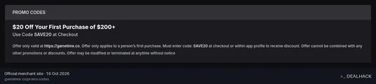 Screenshot of Gametime's website on Oct 16, 2026 showing the "$20 Off First Gametime Purchase of $200+" offer