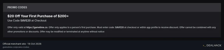 Screenshot of Gametime's website on Oct 16, 2026 showing the "$20 Off First Gametime Purchase of $200+" offer