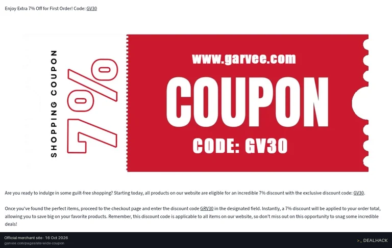 Screenshot of GARVEE's website on Oct 16, 2026 showing the "7% Off First GARVEE Order With GV30" offer