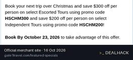 Screenshot of Gate 1 Travel's website on Oct 16, 2026 showing the "Save $300 Per Person on Select Christmas Escorted Tours" offer
