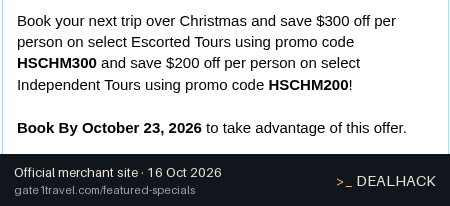 Screenshot of Gate 1 Travel's website on Oct 16, 2026 showing the "Save $300 Per Person on Select Christmas Escorted Tours" offer