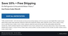 Screenshot of GE Appliances's website on Oct 16, 2026 showing the "Save 10% + Free Shipping on Water Filters" offer