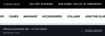 Screenshot of Casely's website on Oct 15, 2026 showing the "Save 15% Off Sitewide at Casely" offer