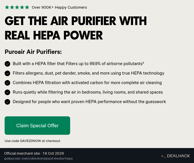 Screenshot of PuroAir's website on Oct 18, 2026 showing the "Save $20 on Your First PuroAir Purifier" offer