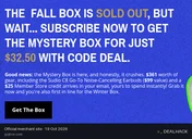 Screenshot of GQ Box's website on Oct 19, 2026 showing the "Save 50% on Your First Mystery Box" offer