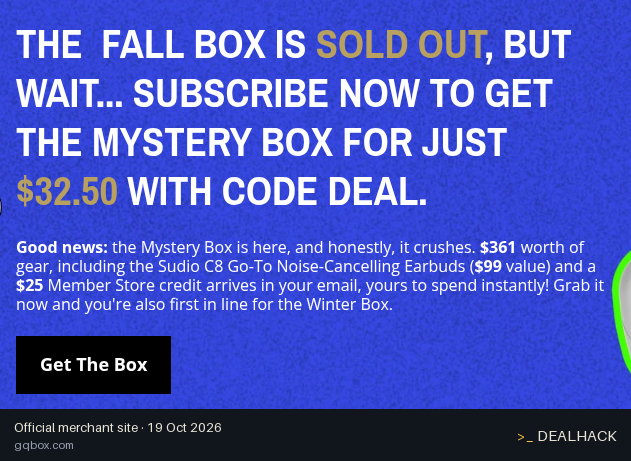 Screenshot of GQ Box's website on Oct 19, 2026 showing the "Save 50% on Your First Mystery Box" offer