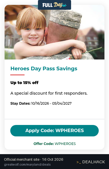 Screenshot of Great Wolf Lodge's website on Oct 16, 2026 showing the "Up to 15% Off Heroes Water Park Day Passes" offer
