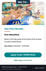 Screenshot of Great Wolf Lodge's website on Oct 16, 2026 showing the "Up to 15% Off Day Pass Bundle Savings" offer