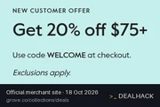 Screenshot of Grove Collaborative's website on Oct 18, 2026 showing the "Take 20% Off Orders $75+ at Grove Co." offer