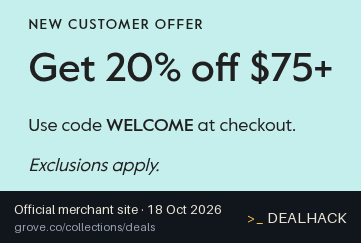 Screenshot of Grove Collaborative's website on Oct 18, 2026 showing the "Take 20% Off Orders $75+ at Grove Co." offer