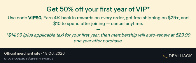 Screenshot of Grove Collaborative's website on Oct 19, 2026 showing the "50% Off First Year of Grove VIP" offer