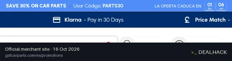 Screenshot of GSF Car Parts's website on Oct 16, 2026 showing the "Save 30% on Parts, 25% on Oils, 10% on Performance" offer