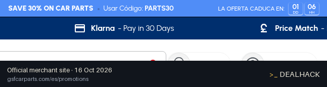 Screenshot of GSF Car Parts's website on Oct 16, 2026 showing the "Save 30% on Parts, 25% on Oils, 10% on Performance" offer