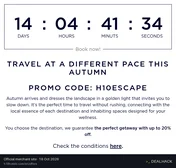 Screenshot of H10 Hotels's website on Oct 18, 2026 showing the "Save Up to 20% on H10 Hotel Stays" offer