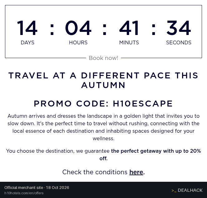 Screenshot of H10 Hotels's website on Oct 18, 2026 showing the "Save Up to 20% on H10 Hotel Stays" offer
