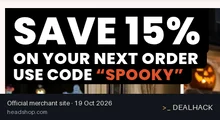 Screenshot of Headshop.com's website on Oct 19, 2026 showing the "Save 15% on Eligible Headshop Orders" offer