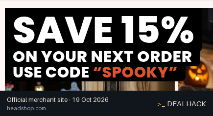 Screenshot of Headshop.com's website on Oct 19, 2026 showing the "Save 15% on Eligible Headshop Orders" offer