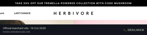 Screenshot of Herbivore Botanicals's website on Oct 16, 2026 showing the "Save 30% on Tremella-Powered Products" offer