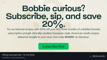 Screenshot of Bobbie's website on Oct 16, 2026 showing the "Save 20% on Your First Three Months of Bobbie" offer
