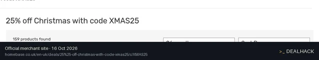 Screenshot of Homebase's website on Oct 16, 2026 showing the "Get 25% Off Selected Christmas Items" offer