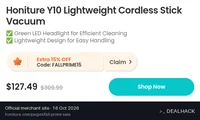 Screenshot of Honiture's website on Oct 16, 2026 showing the "Extra 15% Off Select Vacuums" offer