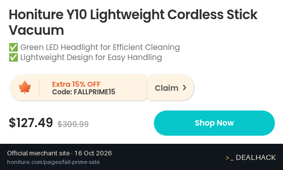 Screenshot of Honiture's website on Oct 16, 2026 showing the "Extra 15% Off Select Vacuums" offer