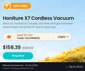 Screenshot of Honiture's website on Oct 16, 2026 showing the "Extra 12% Off Select Vacuums" offer