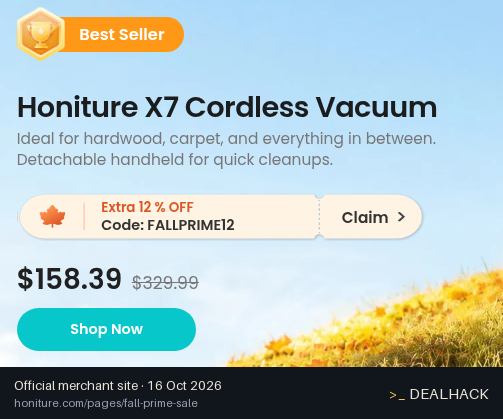 Screenshot of Honiture's website on Oct 16, 2026 showing the "Extra 12% Off Select Vacuums" offer