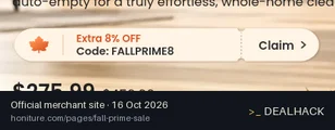 Screenshot of Honiture's website on Oct 16, 2026 showing the "Extra 8% Off Select Vacuums" offer