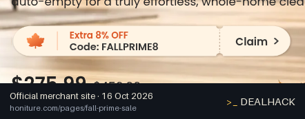 Screenshot of Honiture's website on Oct 16, 2026 showing the "Extra 8% Off Select Vacuums" offer