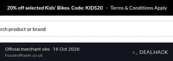Screenshot of FRASERS's website on Oct 16, 2026 showing the "Save 20% on Selected Kids' Bikes" offer
