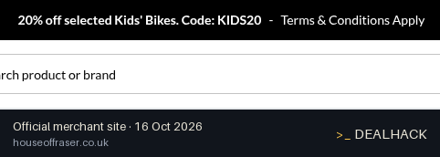 Screenshot of FRASERS's website on Oct 16, 2026 showing the "Save 20% on Selected Kids' Bikes" offer