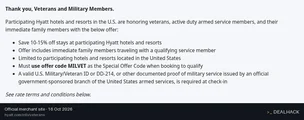 Screenshot of Hyatt's website on Oct 16, 2026 showing the "Save 1015% on Hyatt Stays for Military and Veterans" offer