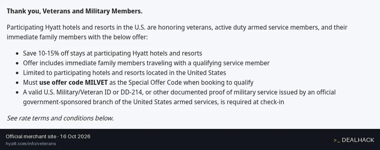 Screenshot of Hyatt's website on Oct 16, 2026 showing the "Save 1015% on Hyatt Stays for Military and Veterans" offer