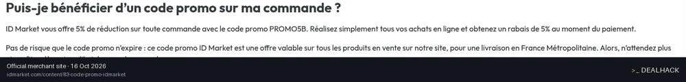 Screenshot of ID Market's website on Oct 16, 2026 showing the "Get 5% Off Your First Order at IDMarket" offer