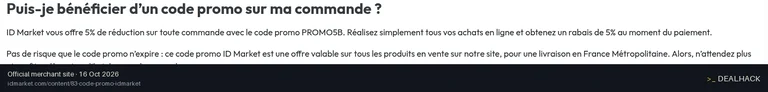 Screenshot of ID Market's website on Oct 16, 2026 showing the "Get 5% Off Your First Order at IDMarket" offer