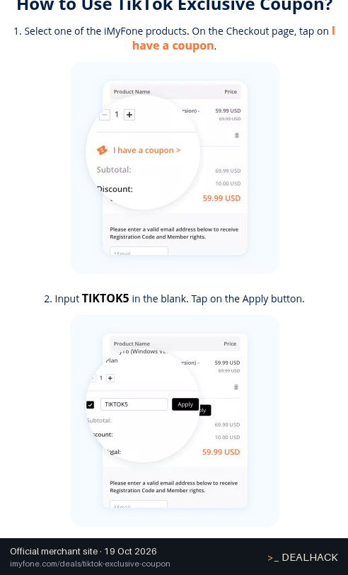 Screenshot of iMyFone's website on Oct 19, 2026 showing the "Get TikTok Exclusive iMyFone Discount" offer