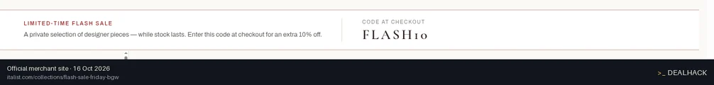 Screenshot of italist's website on Oct 16, 2026 showing the "Get Extra 10% Off Flash Sale Styles" offer