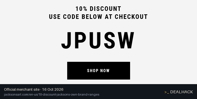 Screenshot of Jackson's Art's website on Oct 16, 2026 showing the "Save 10% on Jackson's Own-Brand Ranges" offer