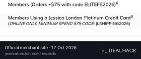 Screenshot of Jessica London's website on Oct 17, 2026 showing the "Get Free Shipping on $75+ Orders as a Cardholder" offer