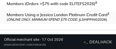 Screenshot of Jessica London's website on Oct 17, 2026 showing the "Get Free Shipping on $75+ Orders as a Cardholder" offer