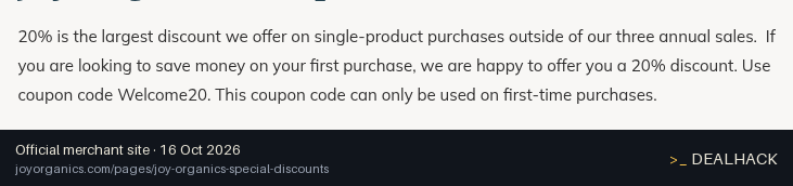 Screenshot of Joy Organics's website on Oct 16, 2026 showing the "20% Off First Purchase" offer