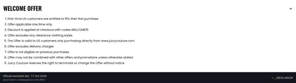 Screenshot of Juicy Couture's website on Oct 17, 2026 showing the "15% Off First Order Welcome Offer" offer