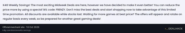 Screenshot of K4G.com's website on Oct 16, 2026 showing the "Save 14% on Weekly Savings Deals" offer
