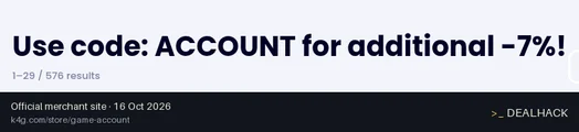 Screenshot of K4G.com's website on Oct 16, 2026 showing the "Get 7% Off Game Account Purchases" offer