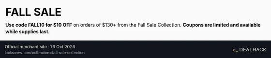 Screenshot of KICKS CREW's website on Oct 16, 2026 showing the "Save $10 on $130+ Fall Sale Orders" offer