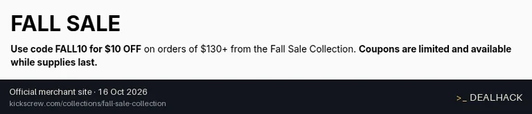Screenshot of KICKS CREW's website on Oct 16, 2026 showing the "Save $10 on $130+ Fall Sale Orders" offer