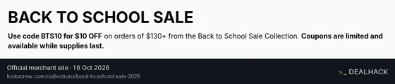Screenshot of KICKS CREW's website on Oct 16, 2026 showing the "Get $10 Off $130+ Back to School Orders" offer