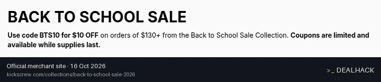 Screenshot of KICKS CREW's website on Oct 16, 2026 showing the "Get $10 Off $130+ Back to School Orders" offer